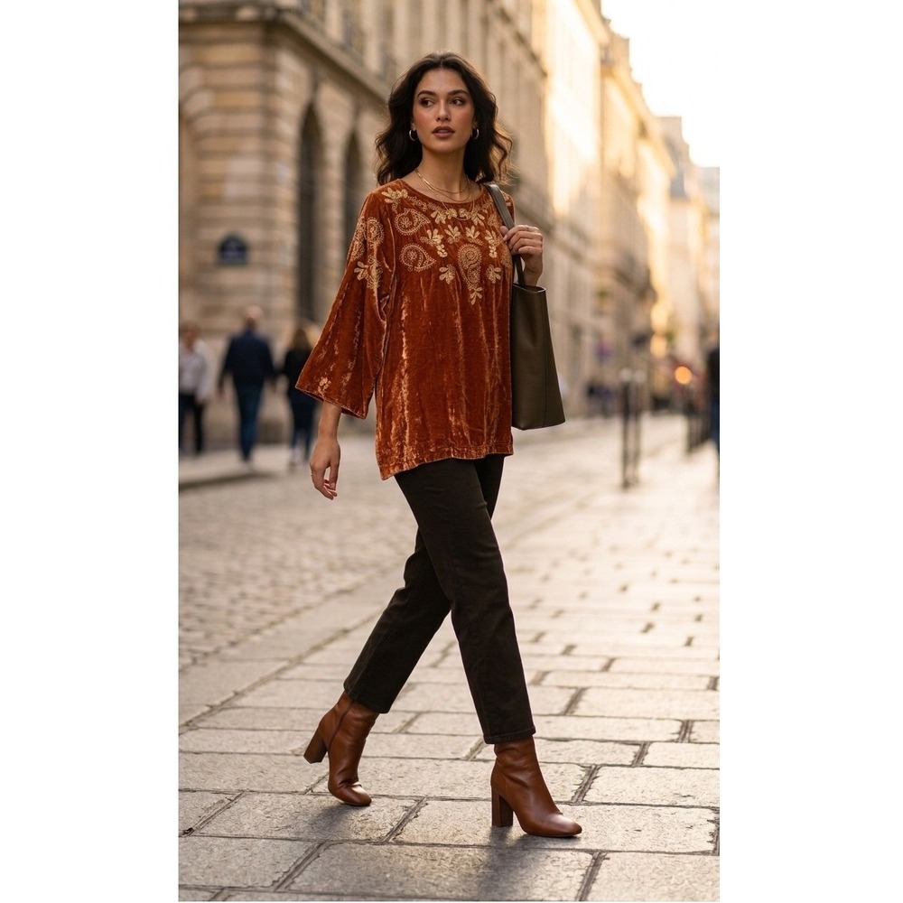 J. Jill Rust Orange Velvet Embroidered Paisley Floral Tunic Top L 3/4 Sleeve